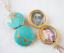 Load image into Gallery viewer, World Globe Locket Necklace, Personalized world map locket, photo locket, Gift for traveller, Western Eastern hemisphere, Traveler Jewelry
