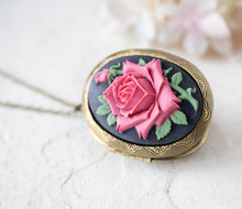 Load image into Gallery viewer, Pink Rose Cameo Antiqued Gold Oval Photo Locket Necklace, Personalized Gift for Women For Her, Family Photo Locket, Victorian Floral Pendant
