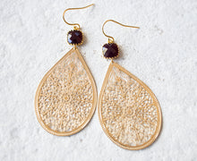 Load image into Gallery viewer, Large Gold Filigree Earrings, Burgundy Earrings, Teardrop Statement Earrings, Bohemian Boho Earrings, Dark Garnet Red Earrings, Boho Wedding
