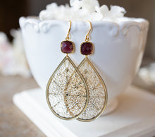 Load image into Gallery viewer, Large Gold Filigree Earrings, Burgundy Earrings, Teardrop Statement Earrings, Bohemian Boho Earrings, Dark Garnet Red Earrings, Boho Wedding
