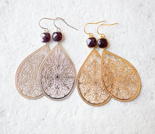 Load image into Gallery viewer, Large Gold Filigree Earrings, Burgundy Earrings, Teardrop Statement Earrings, Bohemian Boho Earrings, Dark Garnet Red Earrings, Boho Wedding
