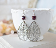 Load image into Gallery viewer, Large Silver Filigree Earrings, Dark Red Burgundy Earrings, Light Weight Earrings, Boho Statement Earrings, Boho Wedding, Gift for Her
