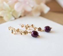 Load image into Gallery viewer, Plum Purple Burgundy Baroque Pearl Earrings, 18K Gold Flower Blossoms Earrings, Twig Earrings, Branch Earrings, Burgundy Wedding Jewelry
