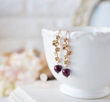 Load image into Gallery viewer, Plum Purple Burgundy Baroque Pearl Earrings, 18K Gold Flower Blossoms Earrings, Twig Earrings, Branch Earrings, Burgundy Wedding Jewelry
