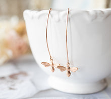 Load image into Gallery viewer, Rose Gold Bee Earrings, Bee Jewelry, Honey Bee Earrings, Bumble Bee Earrings, Rose gold Long Dangle Earrings, Gift for Bee Lover Bee Keeper
