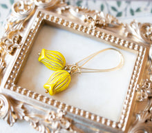 Load image into Gallery viewer, Yellow Tulip Earrings, Glass Flower Dangle Earrings, 16K Gold Kidney Ear wire, Gold Etched, Nature Inspired, Woodland, Botanical Jewelry
