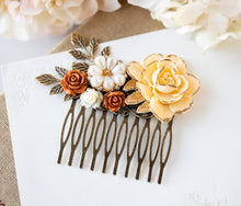 Load image into Gallery viewer, Fall Wedding Autumn Wedding Bridal Hair Accessory, Burnt Orange Ivory Rose Flower Antiqued Gold Leaf Branch Hair Comb, Country Wedding
