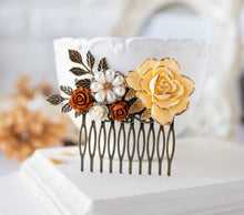 Load image into Gallery viewer, Fall Wedding Autumn Wedding Bridal Hair Accessory, Burnt Orange Ivory Rose Flower Antiqued Gold Leaf Branch Hair Comb, Country Wedding
