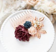 Load image into Gallery viewer, Burgundy Navy Blue Hair Comb, Fall Winter Wedding Bridal Hair Comb, Bridesmaids Gift, Rose Gold Hair Comb, Maroon Dark Red Navy Hair Comb
