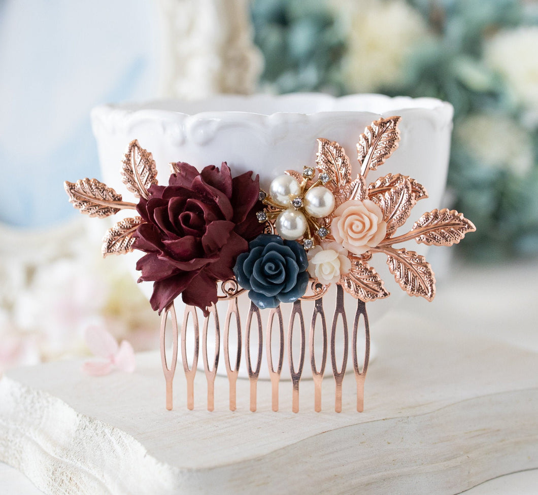 Rose Gold Burgundy Navy Blue Wedding Bridal Hair Comb, Bridesmaid Gift, Maroon Navy Blue wedding Comb, Dark red Navy Blue Comb, gift for her