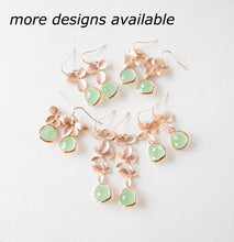 Load image into Gallery viewer, Mint Green Glass Stone Rose Gold Flower Dangle Earrings, Light Weight Modern Everyday Earrings, Anniversary Gift, Birthday Gift for Women
