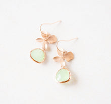 Load image into Gallery viewer, Mint Green Glass Stone Rose Gold Flower Dangle Earrings, Light Weight Modern Everyday Earrings, Anniversary Gift, Birthday Gift for Women
