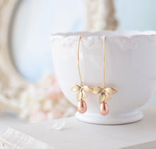 Load image into Gallery viewer, Peach Pearl Earrings, Gold Flower Long Dangle Earrings, Peach Wedding Jewelry, Bridesmaid Gift, Teardrop Peach Pearl, Gift for Her
