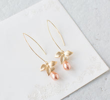 Load image into Gallery viewer, Peach Pearl Earrings, Gold Flower Long Dangle Earrings, Peach Wedding Jewelry, Bridesmaid Gift, Teardrop Peach Pearl, Gift for Her
