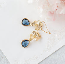 Load image into Gallery viewer, Navy Blue Earrings, Gold Flower Dark Sapphire Dangle Earrings. Navy Wedding Jewelry, Something Blue, Bridesmaid Gift, September Birthstone
