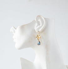 Load image into Gallery viewer, Navy Blue Earrings, Gold Flower Dark Sapphire Dangle Earrings. Navy Wedding Jewelry, Something Blue, Bridesmaid Gift, September Birthstone
