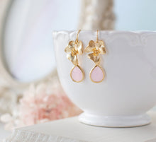 Load image into Gallery viewer, Gold and Blush Pink Earrings, Flower Dangle Earrings, Soft Pink Drop Earrings, Blush Wedding Bridesmaid Earrings, Gift for daughter sister
