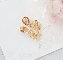 Load image into Gallery viewer, Peach Champagne Teardrop Crystal Gold Orchid Flower Dangle Earrings, Wedding Jewelry, Bridesmaid Earrings, Bridal Party Gift, Gift for Her
