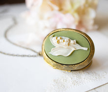 Load image into Gallery viewer, Lily of The Valley Necklace, Sage Green Ivory Flower Cameo Pendant Necklace, Personalized Photo Locket, Gift for Women Mom Wife girlfriend
