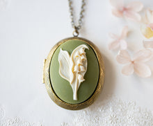 Load image into Gallery viewer, Lily of The Valley Necklace, Sage Green Ivory Flower Cameo Pendant Necklace, Personalized Photo Locket, Gift for Women Mom Wife girlfriend
