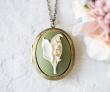 Load image into Gallery viewer, Lily of The Valley Necklace, Sage Green Ivory Flower Cameo Pendant Necklace, Personalized Photo Locket, Gift for Women Mom Wife girlfriend
