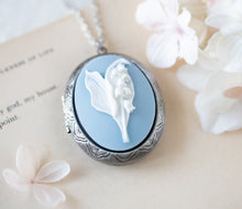 Load image into Gallery viewer, Oval Silver Locket Necklace, Lily of The Valley Necklace, Dusty Blue Powder Blue Flower Cameo Necklace, Mother&#39;s Day Gift for Women Mom Wife
