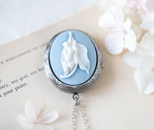 Load image into Gallery viewer, Oval Silver Locket Necklace, Lily of The Valley Necklace, Dusty Blue Powder Blue Flower Cameo Necklace, Mother&#39;s Day Gift for Women Mom Wife
