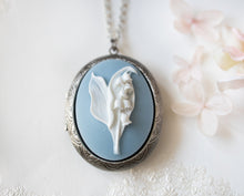 Load image into Gallery viewer, Oval Silver Locket Necklace, Lily of The Valley Necklace, Dusty Blue Powder Blue Flower Cameo Necklace, Mother&#39;s Day Gift for Women Mom Wife
