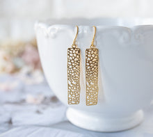 Load image into Gallery viewer, Gold Bar Earrings,  Geometric Earrings, Minimalist Jewelry, Rectangle, Mesh Filigree Earrings, Modern Everyday Earrings, Gift for girlfriend
