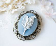 Load image into Gallery viewer, Lily of the Valley Brooch, White Lily of the Valley Dusty Blue Cameo Brooch, Large Antiqued Gold Art Deco Filigree Brooch Pin, Gift for Mom
