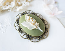 Load image into Gallery viewer, Sage Green Ivory Lily of the Valley Brooch, Flower Cameo Brooch, Lily of the Valley Jewelry, Large Art Deco Brooch Pin, Gift for Mom Aunt
