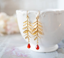 Load image into Gallery viewer, Gold and Red Earrings, Gold Leaf Branch Earrings, Red Crystal Drop Earrings, Nature Inspired Jewelry, Red Wedding Jewelry, Gift for women
