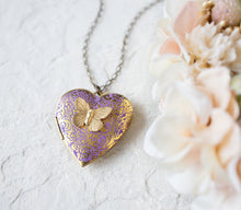 Load image into Gallery viewer, Purple Heart Locket Necklace, Butterfly Locket Necklace, Butterfly Necklace, Gold Heart, Photo Locket, Personalized Gift for Wife Mom
