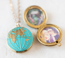 Load image into Gallery viewer, World Globe Locket Necklace, Personalized world map locket, photo locket, Gift for traveller, Western Eastern hemisphere, Traveler Jewelry
