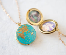 Load image into Gallery viewer, World Globe Locket Necklace, Personalized world map locket, photo locket, Gift for traveller, Western Eastern hemisphere, Traveler Jewelry
