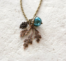 Load image into Gallery viewer, Oak Leaf Necklace, Blue Pearl Acorn Necklace, Pinecone Necklace, Fall Autumn jewelry, Woodland Necklace, gift for her
