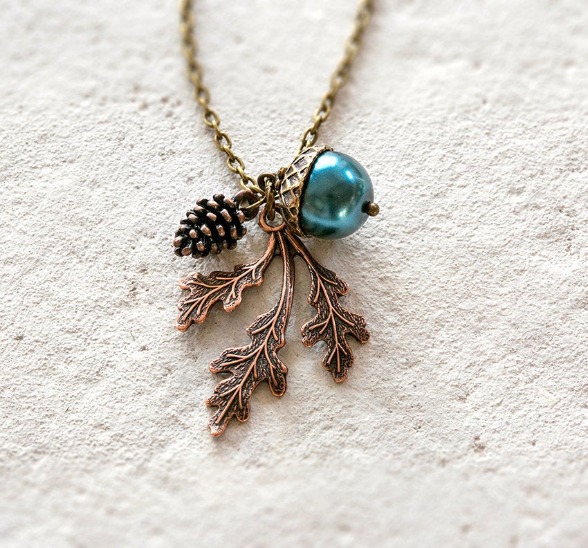 Oak Leaf Necklace, Blue Pearl Acorn Necklace, Pinecone Necklace, Fall Autumn jewelry, Woodland Necklace, gift for her