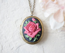 Load image into Gallery viewer, Pink Rose Cameo Antiqued Gold Oval Photo Locket Necklace, Personalized Gift for Women For Her, Family Photo Locket, Victorian Floral Pendant
