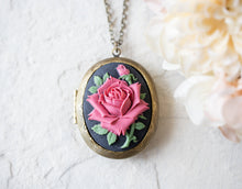 Load image into Gallery viewer, Pink Rose Cameo Antiqued Gold Oval Photo Locket Necklace, Personalized Gift for Women For Her, Family Photo Locket, Victorian Floral Pendant
