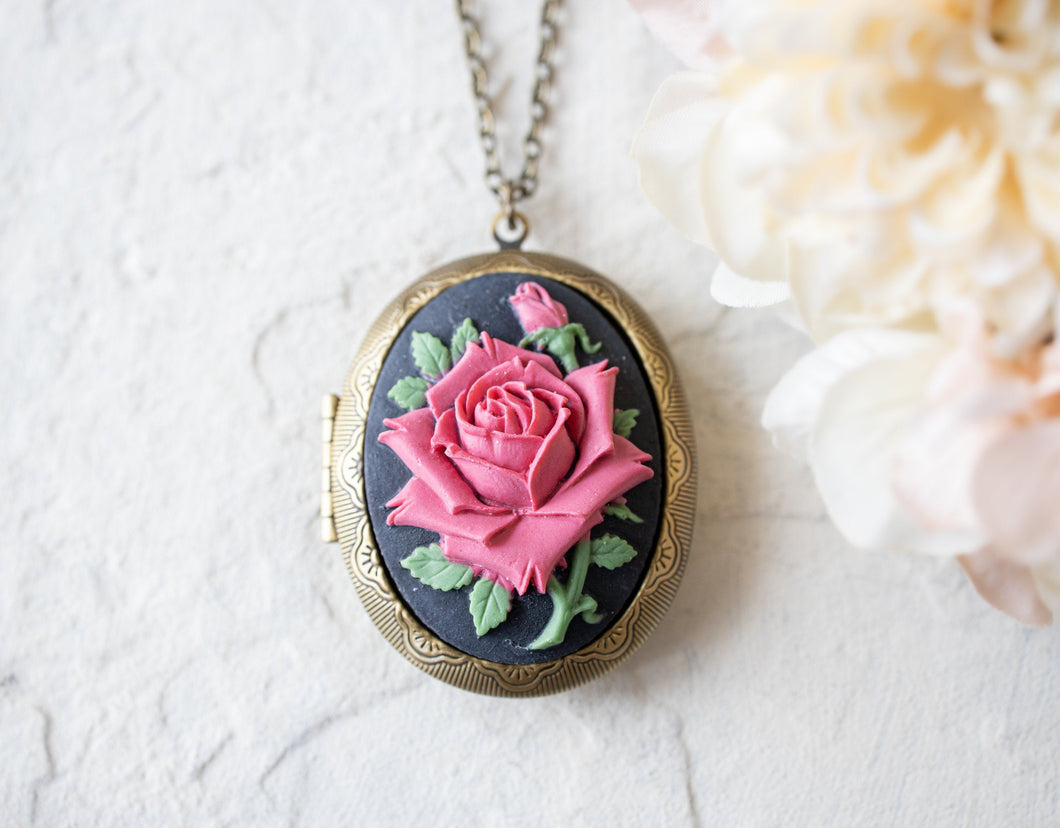 Pink Rose Cameo Antiqued Gold Oval Photo Locket Necklace, Personalized Gift for Women For Her, Family Photo Locket, Victorian Floral Pendant