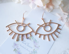 Load image into Gallery viewer, Evil Eye Earrings, Large Rose Gold Eye Earrings, Third Eye Earrings, Modern Earrings, Art Deco Boho Earrings, Gift for Girlfriend Sister
