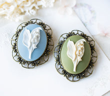 Load image into Gallery viewer, Sage Green Ivory Lily of the Valley Brooch, Flower Cameo Brooch, Lily of the Valley Jewelry, Large Art Deco Brooch Pin, Gift for Mom Aunt
