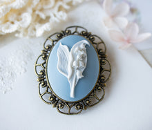 Load image into Gallery viewer, Lily of the Valley Brooch, White Lily of the Valley Dusty Blue Cameo Brooch, Large Antiqued Gold Art Deco Filigree Brooch Pin, Gift for Mom
