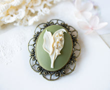 Load image into Gallery viewer, Sage Green Ivory Lily of the Valley Brooch, Flower Cameo Brooch, Lily of the Valley Jewelry, Large Art Deco Brooch Pin, Gift for Mom Aunt
