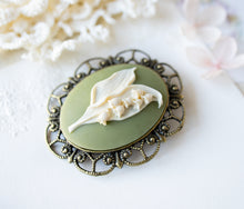 Load image into Gallery viewer, Sage Green Ivory Lily of the Valley Brooch, Flower Cameo Brooch, Lily of the Valley Jewelry, Large Art Deco Brooch Pin, Gift for Mom Aunt
