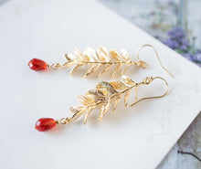 Load image into Gallery viewer, Gold and Red Earrings, Gold Leaf Branch Earrings, Red Crystal Drop Earrings, Nature Inspired Jewelry, Red Wedding Jewelry, Gift for women
