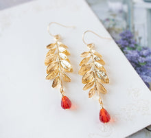 Load image into Gallery viewer, Gold and Red Earrings, Gold Leaf Branch Earrings, Red Crystal Drop Earrings, Nature Inspired Jewelry, Red Wedding Jewelry, Gift for women
