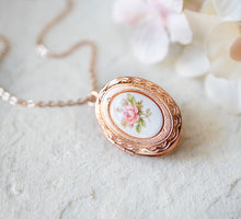 Load image into Gallery viewer, Rose Gold Locket Necklace, Vintage Pink Rose Cameo Locket, Rose Gold Jewelry, Personalized Photo Locket, Gift for Girlfriend, Gift for Her
