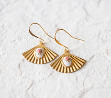 Load image into Gallery viewer, Gold Brass Fan Earrings, Vintage Pink Rose Glass Cabochon Earrings, Art Deco Earrings, Rose Earrings, Oriental Earrings, Gift for Her
