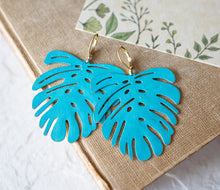 Load image into Gallery viewer, Large Monstera Earrings, Blue Verdigris Patina Monstera Brass Leaf Earrings, Boho Bohemian Earrings, Statement Earrings, Gift for Her
